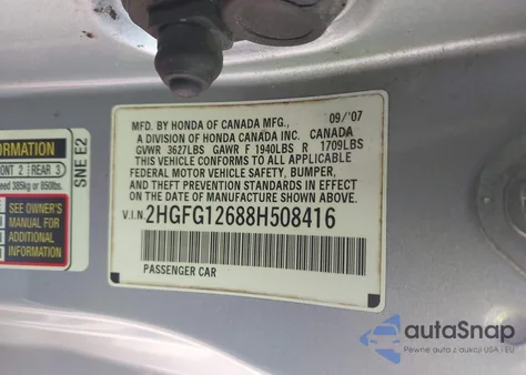 2008 Honda Civic Lx из США, поврежденный, VIN 2HGFG12688H508416